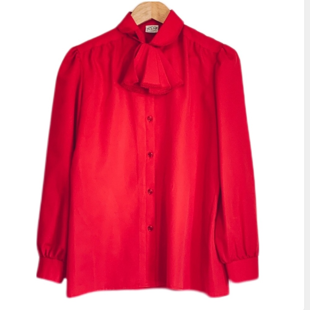 VINTAGE Terry Chicago Red Tie Neck Blouse